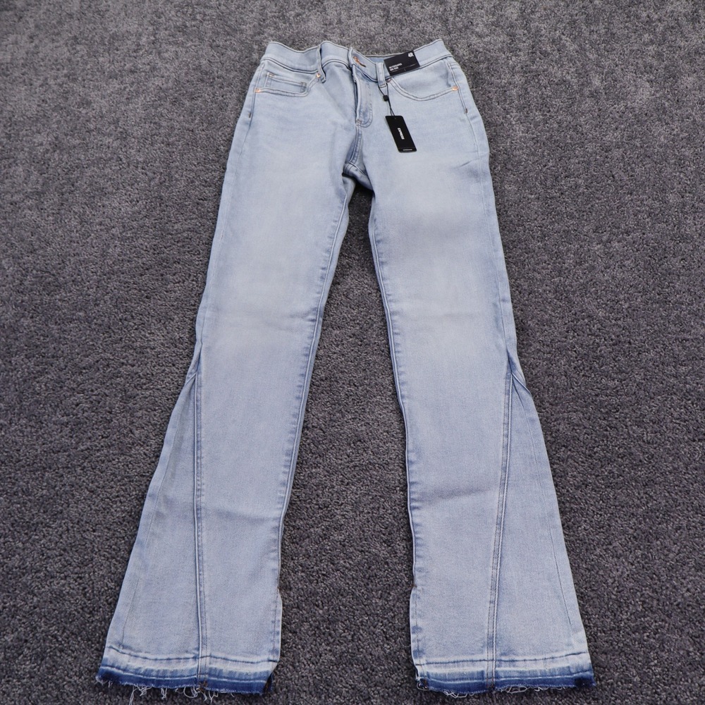 Express Skyscraper Jeans Womens 4R Light Blue Mid Rise Flare Raw Hem Denim
